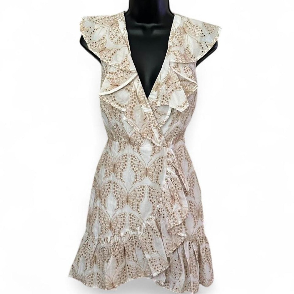 Milly Novi Butterfly Eyelet Dress Womens 2 White Tan NWT Ruffle Mini